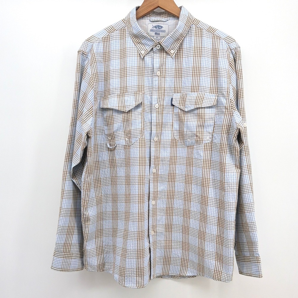 AFTCO Shirt Mens M Blue Plaid Vented Performance Long Sleeve Fishing Utility - Picture 2 of 9
